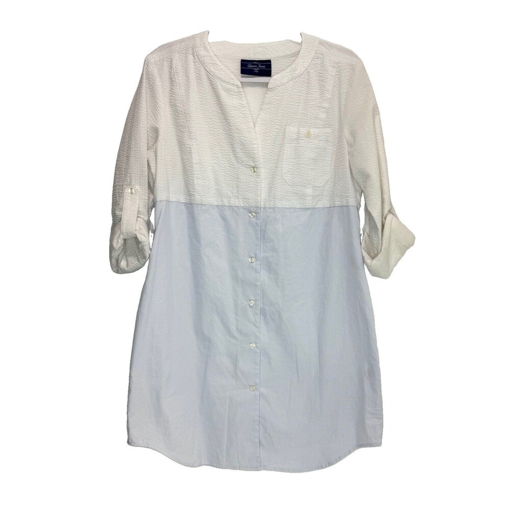 Lauren James Shirt Dress Womens Blue White Preppy Coastal Button Front L